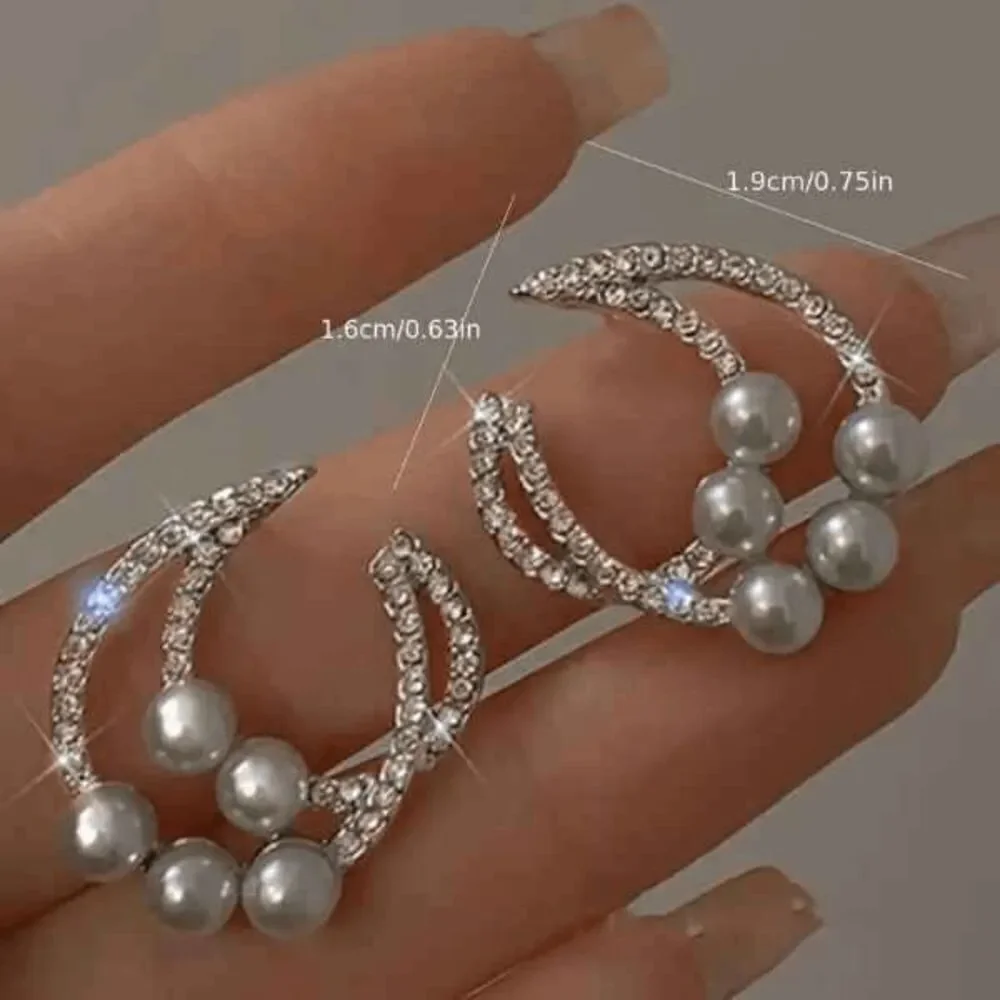Pearl Diamond Crescent Moon Stud Earrings